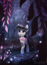 Size: 1455x2000 | Tagged: safe, artist:inowiseei, octavia melody, earth pony, pony, bowtie, commission, digital art, ear fluff, female, forest, leaf, looking up, mare, outdoors, plant, raised hoof, relaxing, scenery, smiling, solo, water