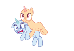 Size: 1081x739 | Tagged: safe, artist:corporalvortex, earth pony, pony, unicorn, base, blush lines, blushing, carrying, colored pupils, female, glomp, horn, mare, transparent horn