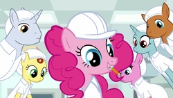 Size: 1920x1080 | Tagged: safe, screencap, lavender flask, lemon honey, pinkie pie, platinum cure, earth pony, pony, unicorn, g4, the last laugh, background pony, clothes, female, freckles, hair net, hard hat, lab coat, male, mare, mouth hold, pencil, splitside, stallion, teal tester