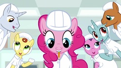 Size: 1920x1080 | Tagged: safe, screencap, lavender flask, lemon honey, pinkie pie, platinum cure, earth pony, pony, unicorn, g4, the last laugh, background pony, clothes, female, hard hat, lab coat, male, mare, mouth hold, pencil, splitside, stallion, teal tester