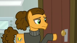 Size: 1920x1080 | Tagged: safe, screencap, cheese sandwich, pony, g4, the last laugh, alternate hairstyle, clothes, male, sad, solo, sweater, turtleneck