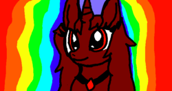 Size: 635x338 | Tagged: safe, oc, oc only, pony, unicorn, female, jewelry, necklace, rainbow, rainbow background, red, red eyes, smiling, solo