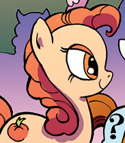 Size: 183x208 | Tagged: safe, idw, official comic, alicante, question mark (g4), earth pony, pony, g4, spoiler:comic, spoiler:comic10, cropped, female, mare, offscreen character, picture for breezies, solo focus