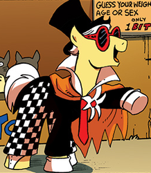Size: 256x293 | Tagged: safe, idw, official comic, offbeat rhythm, earth pony, pony, g4, spoiler:comic, spoiler:comic10, clothes, hat, male, open mouth, open smile, raised hoof, smiling, solo, stallion, sunglasses, top hat