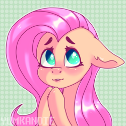 Size: 5000x5000 | Tagged: safe, artist:yumkandie, part of a set, fluttershy, pony, g4, abstract background, blushing, bust, cute, eyebrows, female, floppy ears, hooves together, looking at you, looking sideways, looking up, mare, portrait, shyabetes, solo, three quarter view