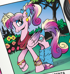 Size: 612x651 | Tagged: safe, artist:andypriceart, idw, princess cadance, alicorn, pony, g4, neigh anything, spoiler:comic, spoiler:comic11, spoiler:comic12, 80's fashion, 80s, baggy clothing, bow, bracelet, colored wings, comic panel, concave belly, cute, cutedance, ear piercing, eyeshadow, female, filly, folded wings, gradient wings, hair bow, hoof shoes, jewelry, leg warmers, lidded eyes, makeup, mare, multicolored hair, multicolored wings, necklace, piercing, ponytail, poofy mane, pose, raised hoof, slender, smiling, tail bow, teen princess cadance, teenager, thin, wings, yearbook photo, younger