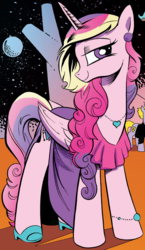 Size: 879x1512 | Tagged: safe, idw, official comic, buck withers, princess cadance, alicorn, earth pony, pony, g4, spoiler:comic, spoiler:comic12, bedroom eyes, clothes, female, heart, male, mare, smiling, stallion