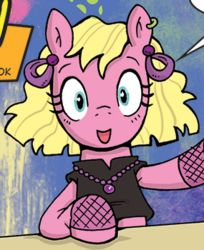 Size: 285x350 | Tagged: safe, idw, official comic, neigh-na bee, earth pony, pony, g4, spoiler:comic, spoiler:comic12, 80s, armpits, cropped, ear clip, ear piercing, earring, female, jewelry, mare, necklace, piercing, ptv