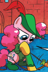 Size: 377x567 | Tagged: safe, idw, official comic, pinkie pie, earth pony, pony, friendship is magic #15, g4, my little pony: friendship is magic (idw), spoiler:comic, arrow, bow (weapon), bow and arrow, carrot, clothes, costume, food, pinkie hoof, robin hood, weapon