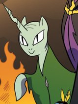 Size: 159x211 | Tagged: safe, idw, official comic, queen trottingham, pony, unicorn, spoiler:comic, spoiler:comic15, cropped, harry potter (series), male, multiverse, picture for breezies, ponified, solo focus, stallion, voldemort