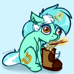 Size: 4000x4000 | Tagged: safe, artist:witchtaunter, lyra heartstrings, pony, unicorn, g4, boot, chopsticks, derp, eating, faic, female, food, l.u.l.s., magic, mare, noodles, sitting, solo, telekinesis, wat