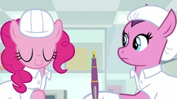 Size: 1920x1080 | Tagged: safe, screencap, lavender flask, pinkie pie, pony, g4, the last laugh, clothes, fountain pen, hard hat, lab coat