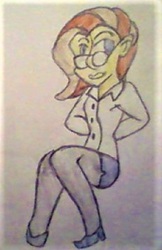 Size: 400x616 | Tagged: safe, artist:midday sun, oc, oc only, oc:midday sun, equestria girls, g4, clothes, crossdressing, glasses, high heels, miniskirt, pantyhose, shirt, shoes, side slit, skirt, solo, tights, traditional art