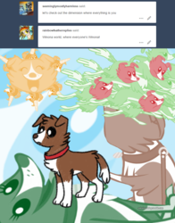 Size: 800x1022 | Tagged: safe, artist:askwinonadog, winona, dog, ask winona, g4, alternate dimension, apple, apple tree, ask, chaos, dogscape, everything is winona, female, grass, solo, sun, tree, tumblr, wat