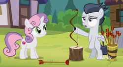 Size: 1173x643 | Tagged: safe, screencap, rumble, sweetie belle, pegasus, pony, unicorn, g4, marks and recreation, arrow, bow (weapon), colt, cutie mark, cutie mark day camp, discovery family logo, female, filly, foal, male, suction cup