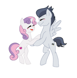 Size: 1036x1048 | Tagged: safe, artist:lunaticdawn, artist:tamersworld, rumble, sweetie belle, pegasus, pony, unicorn, g4, blushing, colt, cutie mark, female, filly, holding hooves, male, ship:rumbelle, shipping, smiling, straight, teenager, trace