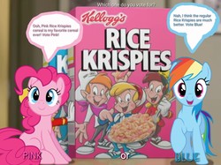 Size: 1512x1128 | Tagged: safe, artist:pagiepoppie12345, pinkie pie, rainbow dash, earth pony, pegasus, pony, g4, blue, cereal, crossover, female, food, kellogg's, mare, pink, raised hoof, rice krispies, sitting, smiling, snap crackle and pop, speech bubble, spoon, text, vote