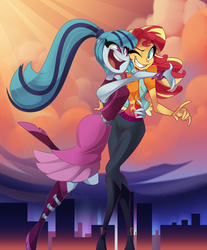 Size: 2654x3200 | Tagged: safe, artist:light262, sonata dusk, sunset shimmer, human, equestria girls, g4, city, clothes, cute, duo, female, grin, happy, high res, hug, lesbian, one eye closed, open mouth, shimmerbetes, ship:sunata, shipping, smiling, sonatabetes