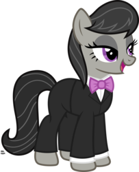 Size: 1213x1497 | Tagged: safe, artist:anime-equestria, octavia melody, earth pony, pony, g4, bowtie, classy, clothes, female, happy, jacket, long sleeves, mare, open mouth, shirt, simple background, solo, suit, transparent background, tuxedo, vector