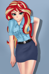 Size: 1417x2126 | Tagged: safe, artist:anonix123, sunset shimmer, human, equestria girls, g4, adorasexy, beautiful, belt, clothes, cute, humanized, legs, looking at you, miniskirt, police, police officer, police uniform, sexy, skirt, solo