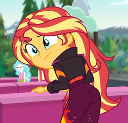 Size: 842x813 | Tagged: safe, screencap, paisley, sunset shimmer, equestria girls, equestria girls series, g4, sunset's backstage pass!, spoiler:eqg series (season 2), ass, barrier, bent over, bunset shimmer, butt, clothes, cropped, female, jacket, music festival outfit, outdoors, solo