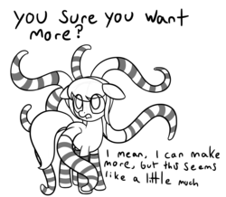 Size: 3917x3408 | Tagged: safe, artist:czu, oc, oc:amber rose (thingpone), oc:thingpone, monster pony, clothes, dialogue, high res, monochrome, socked tentacles, socks, solo, striped socks, talking to viewer, tentacles, text
