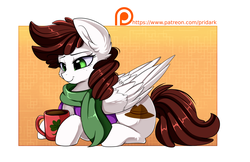 Size: 2430x1576 | Tagged: safe, artist:pridark, oc, oc only, oc:graph travel, pegasus, pony, clothes, cup, cutie mark, drink, female, freckles, green eyes, mare, patreon, patreon logo, patreon reward, scarf, smiling, solo, vest