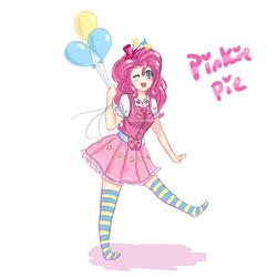 Size: 1024x1024 | Tagged: safe, artist:burntmarshmellows, pinkie pie, human, g4, balloon, blushing, bow, clothes, cute, diapinkes, female, hat, humanized, looking at you, miniskirt, moe, one eye closed, open mouth, pleated skirt, skirt, socks, solo, striped socks, thigh highs, wink