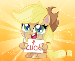 Size: 1246x1012 | Tagged: artist needed, safe, applejack, earth pony, pony, g4.5, my little pony: pony life, applejack's hat, cowboy hat, crying, cuckold, female, hat, mare, op is a duck, open mouth, pony life applejack's sign, sad, sign, smiling, solo, straw in mouth, sunburst background, unshorn fetlocks