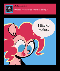 Size: 800x950 | Tagged: safe, artist:footsam, pinkie pie, earth pony, pony, ask pinkie pie and tornado, g4, ask, blue background, colored, comic, flat colors, happy, no catchlights, no pupils, simple background, speech bubble, tumblr