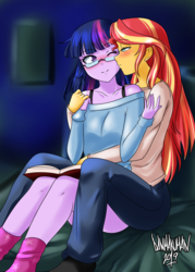 Size: 1949x2728 | Tagged: safe, artist:danmakuman, sci-twi, sunset shimmer, twilight sparkle, human, equestria girls, g4, blushing, book, clothes, cute, digital art, duo, female, lesbian, missing shoes, ship:sci-twishimmer, ship:sunsetsparkle, shipping, smiling, socks