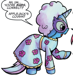 Size: 720x755 | Tagged: safe, idw, babs seed, trixie, pony, unicorn, g4, spoiler:comic, spoiler:comic22, disguise, implied babs, offscreen character, speech bubble