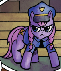 Size: 418x489 | Tagged: safe, idw, officer punchbowl, earth pony, pony, g4, spoiler:comic, spoiler:comic22, >:<, clothes, frown, hat, necktie, police