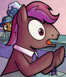 Size: 685x800 | Tagged: safe, idw, earth pony, pony, unicorn, g4, spoiler:comic, spoiler:comic22, glasses, hat, necktie, unnamed character, unnamed pony