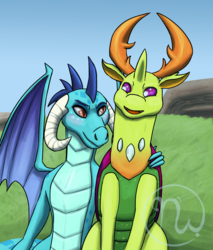 Size: 1700x2000 | Tagged: safe, artist:azurllinate, princess ember, thorax, changedling, changeling, dragon, g4, arm around back, blushing, changeling x dragon, couple, female, happy, hill, horns, interspecies, king thorax, looking at each other, male, mixed feelings, rock, royalty, ship:embrax, shipping, sky, smiling, straight, wings