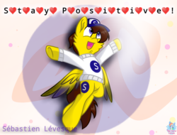 Size: 1535x1165 | Tagged: safe, artist:rainbow eevee, oc, oc only, oc:ponyseb, pegasus, pony, awesome, cap, clothes, colored wings, cute, cutie mark, hat, heart, jumping, male, open mouth, positive ponies, solo, sweater, text, underhoof, wings