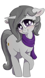 Size: 695x1202 | Tagged: safe, artist:t72b, derpibooru exclusive, oc, oc only, oc:rainbow crash, pony, unicorn, 2020 community collab, derpibooru community collaboration, clothes, female, floppy ears, mare, scarf, simple background, smiling, solo, transparent background