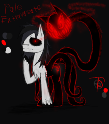 Size: 700x800 | Tagged: safe, artist:didun850, oc, oc only, oc:pale extravasate, oc:silver bloodrain, earth pony, pony, shadow pony, black sclera, dark background, earth pony oc, glowing eyes, grin, possessed, raised hoof, reference sheet, smiling, story included, tentacles, thinking, unshorn fetlocks