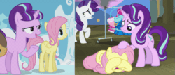 Size: 997x432 | Tagged: safe, screencap, applejack, fluttershy, hoops, rarity, starlight glimmer, pegasus, pony, unicorn, g4, horse play, the cutie re-mark, animated, comparison, continuity, female, filly, filly fluttershy, gif, petting, s5 starlight, younger