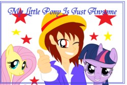 Size: 2480x1664 | Tagged: safe, artist:avchonline, fluttershy, twilight sparkle, human, pegasus, pony, unicorn, g4, clothes, female, grin, hat, mare, one eye closed, one piece, smiling, text, thumbs up, unicorn twilight, wink
