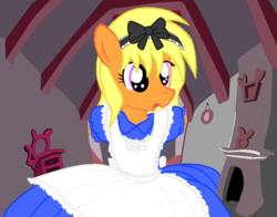 Size: 972x762 | Tagged: safe, artist:avchonline, oc, oc only, oc:sean, pegasus, semi-anthro, alice in wonderland, blushing, bow, chimney, clothes, colt, crossdressing, crossover, dress, exclamation point, femboy, hair bow, male, puffy sleeves, solo