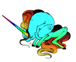 Size: 710x581 | Tagged: safe, artist:thrimby, pony, unicorn, colored hooves, eyes closed, gradient mane, horn, long horn, rainbow, rainbow horn, simple background, solo, white background
