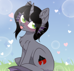 Size: 2472x2385 | Tagged: safe, artist:kim0508, artist:sparkling_light, half-siren, hybrid, pony, base used, chest fluff, commission, curved horn, ear fluff, fins, fish tail, hair over one eye, high res, horn, kellin quinn, male, ponified, sitting, sleeping with sirens, slit pupils, solo, tongue out, ych result