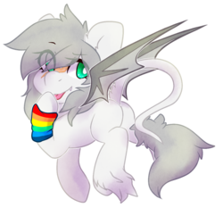 Size: 976x946 | Tagged: safe, artist:pomrawr, oc, oc only, bat pony, pony, bat pony oc, eye clipping through hair, fangs, flying, hoof fluff, leg warmers, leonine tail, looking back, simple background, solo, tongue out, transparent background