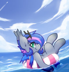 Size: 2002x2101 | Tagged: safe, artist:pomrawr, oc, oc only, bat pony, pony, bat pony oc, cloud, floaty, high res, looking at you, on back, solo, sunglasses, water