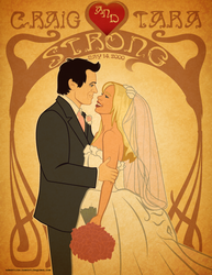 Size: 612x792 | Tagged: safe, artist:samoht-lion, human, 2015, bouquet, clothes, craig strong, dress, female, flower, heart, male, necktie, smiling, straight, suit, tara strong, wedding dress