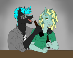 Size: 2527x2000 | Tagged: safe, artist:caff, oc, oc only, oc:blu keys, oc:shark bait, pony, anthro, alcohol, beer, clothes, dreadlocks, ear piercing, earring, having a beer, high res, jewelry, necktie, piercing