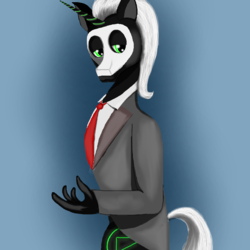 Size: 800x800 | Tagged: safe, artist:auroraswirls, oc, oc only, oc:crawling chaos, unicorn, anthro, clothes, gradient background, horn, mask, necktie, solo, suit, unicorn oc