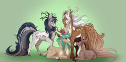 Size: 4063x2000 | Tagged: safe, artist:caff, oc, oc only, deer, deer pony, original species, colored hooves, commission, gradient background, group, prone