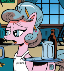 Size: 549x610 | Tagged: safe, idw, midge, earth pony, pony, g4, spoiler:comic, spoiler:comic34, apron, beer bottle, clothes, naked apron, pencil, tray